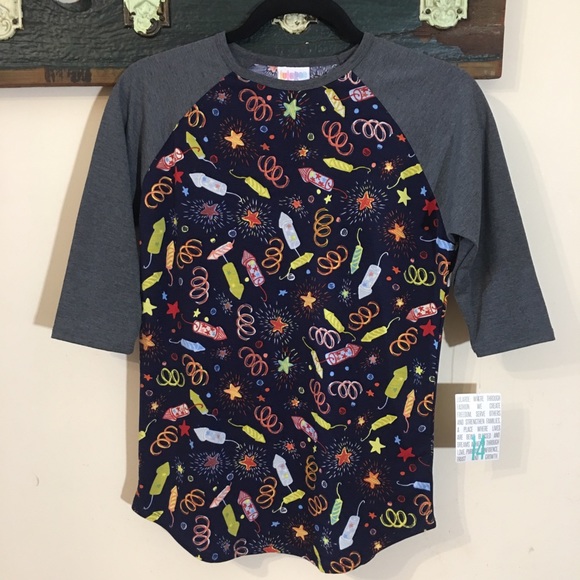 LuLaRoe Sloan Junior Fireworks Print Baseball Style T-Shirt Size 14 - Picture 4 of 11
